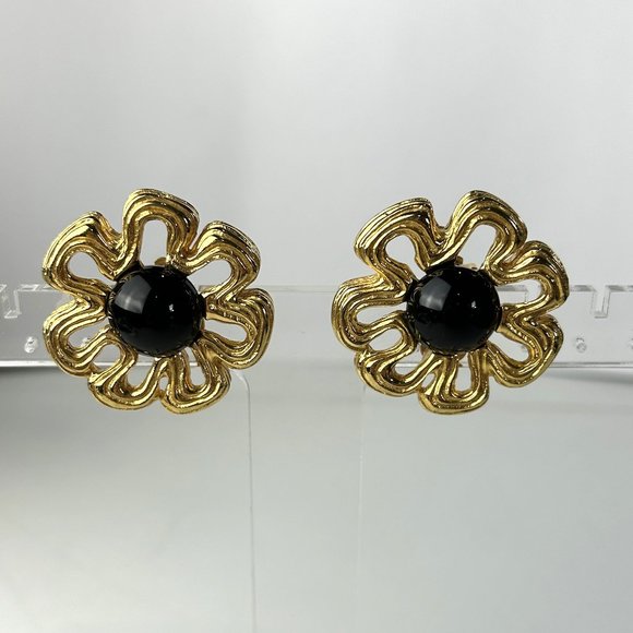 Givenchy Gold Flower Clip On Earrings with Black Cabochon - Picture 1 of 7